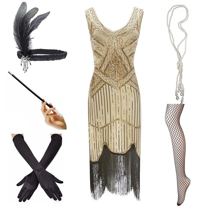 Vestido Vintage 1920 Beige Negro