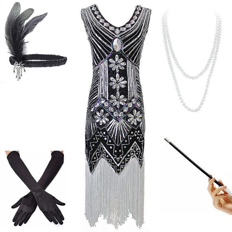 Vestido Vintage 1920s Plata Negro