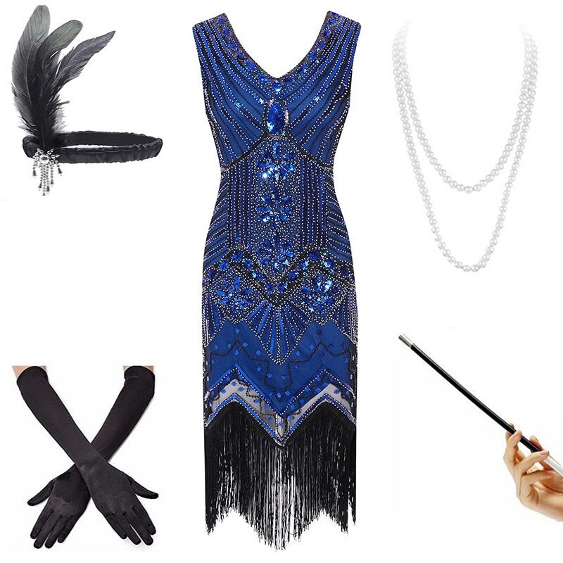 Vestido Vintage 20s Azul (Con Accesorios)