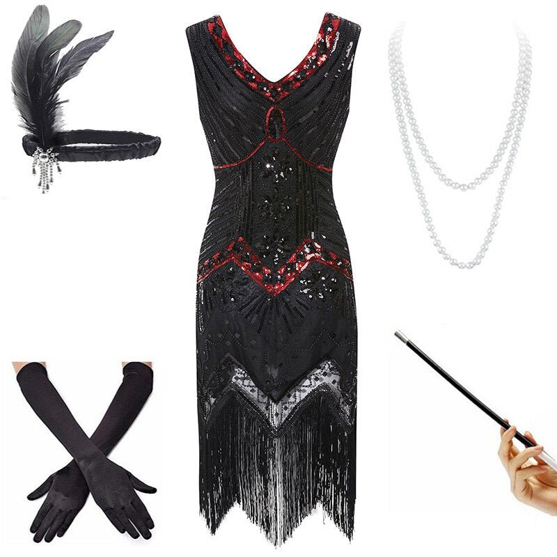Vestido Vintage 20s Rojo Y Negro (Con Accesorios)