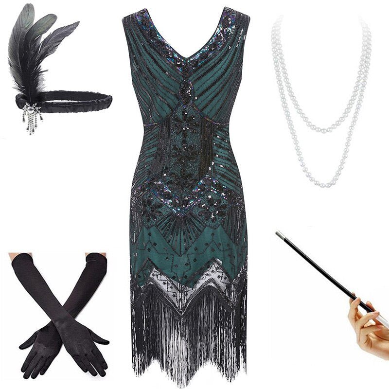 Vestido Vintage 1920s Verde Negro