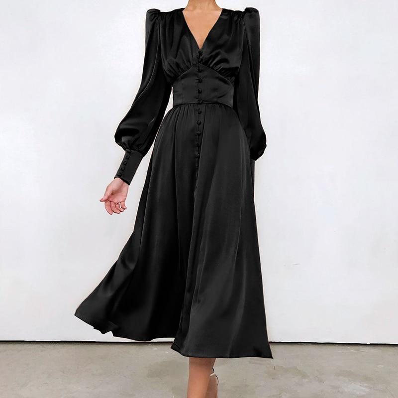 Vestido Vintage De Satén Negro De Los Años 40