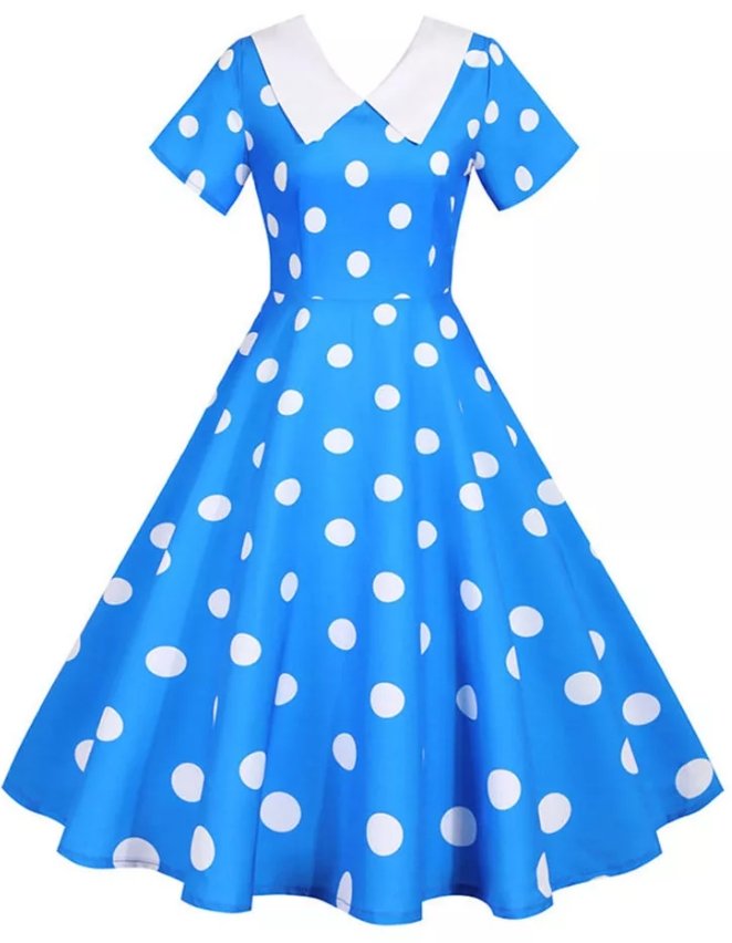 Vestido Vintage Azul Con Lunares Blancos