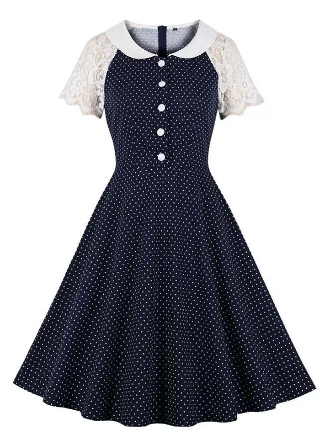 Vestido Vintage Azul Con Cuello De Encaje