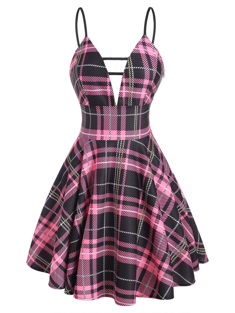 Vestido Vintage De Cuadros Con Cordones Rosa