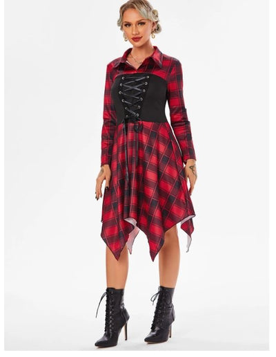 Vestido Vintage De Cuadros Con Cordones Rojo