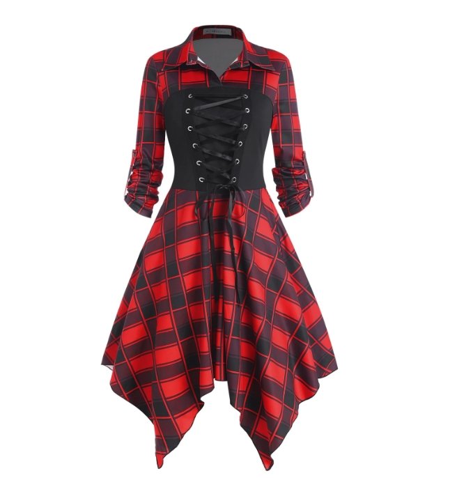 Vestido Vintage De Cuadros Con Cordones Rojo