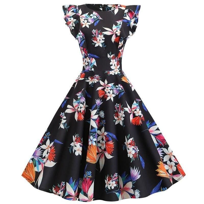 Vestido Floral Negro Retro Elegante Vintage