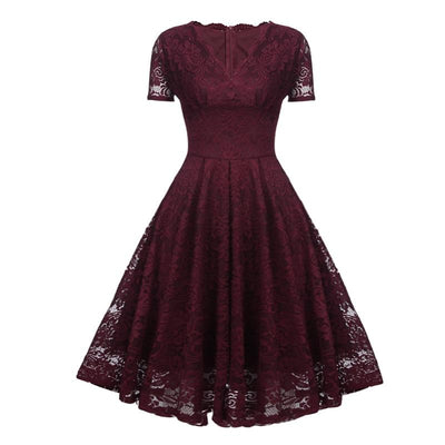 Vestido Vintage Con Cuello En V De Encaje Burdeos