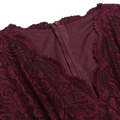 Vestido Vintage Con Cuello En V De Encaje Burdeos