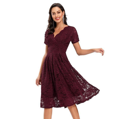 Vestido Vintage Con Cuello En V De Encaje Burdeos