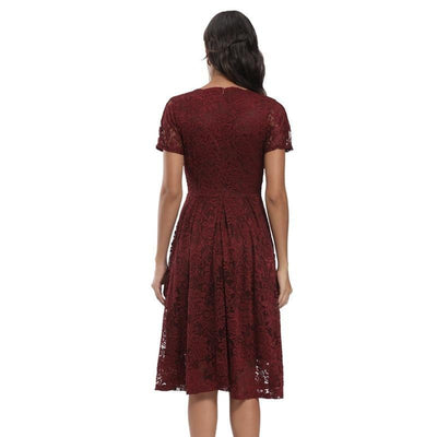 Vestido Vintage Con Cuello En V De Encaje Burdeos