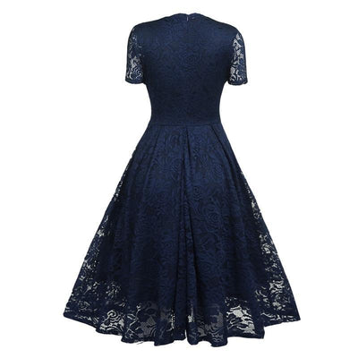 Vestido Vintage Con Cuello En V De Encaje Azul Marino