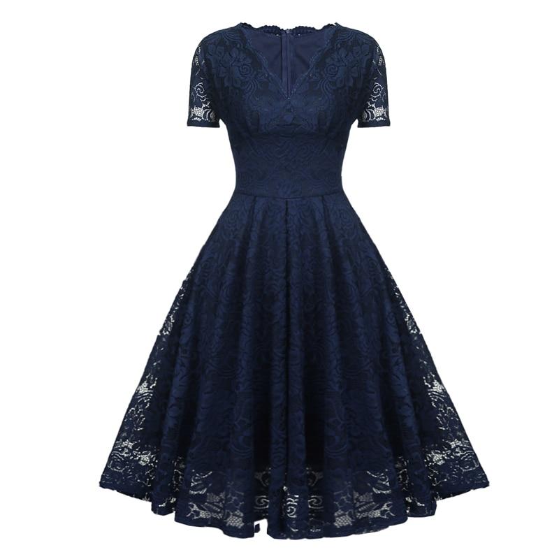 Vestido Vintage Con Cuello En V De Encaje Azul Marino