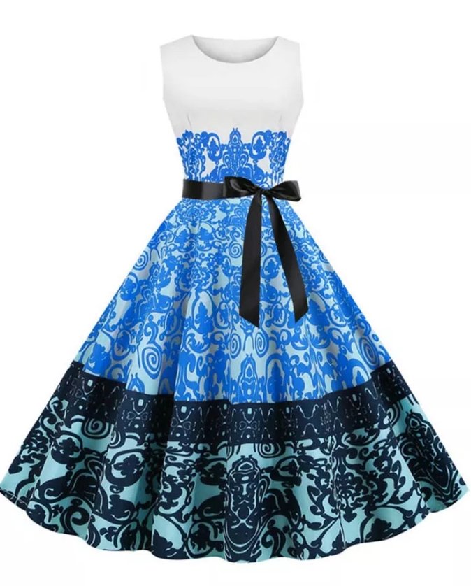 Vestido Vintage Cuello Redondo Flores Blancas