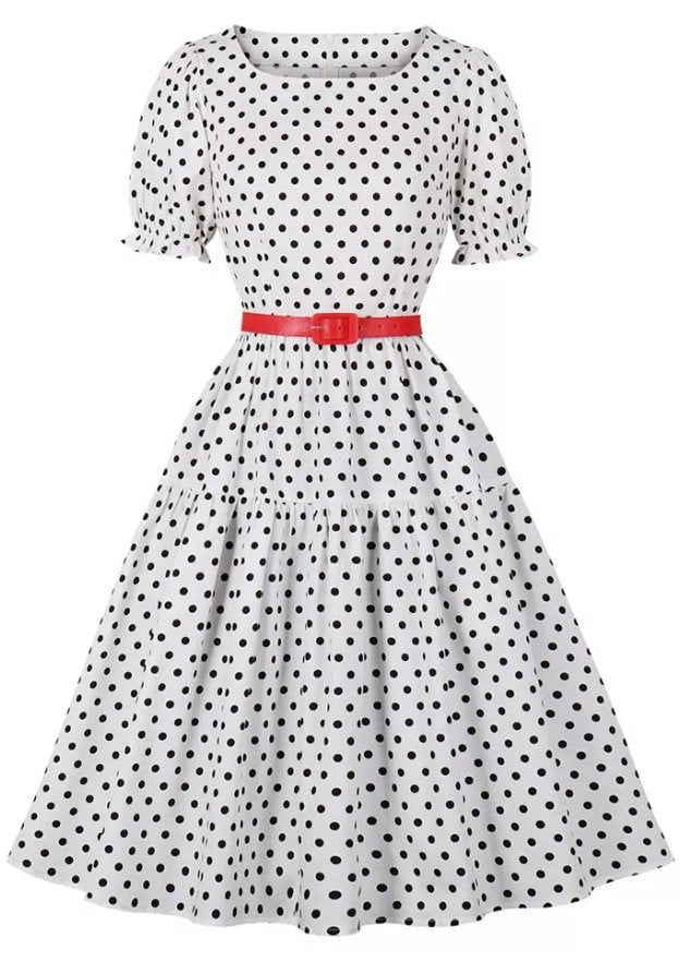 Vestido Vintage Cuello Redondo Lunares Blanco