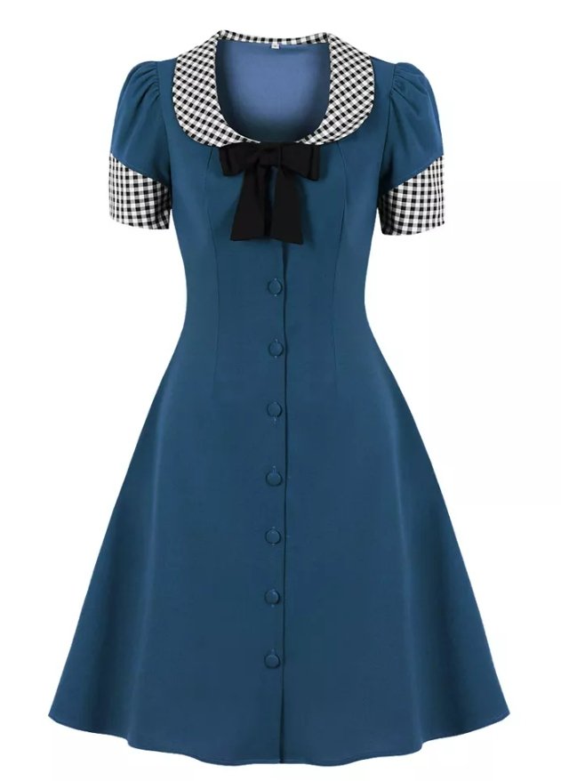 Vestido Vintage Cuello Redondo Azul