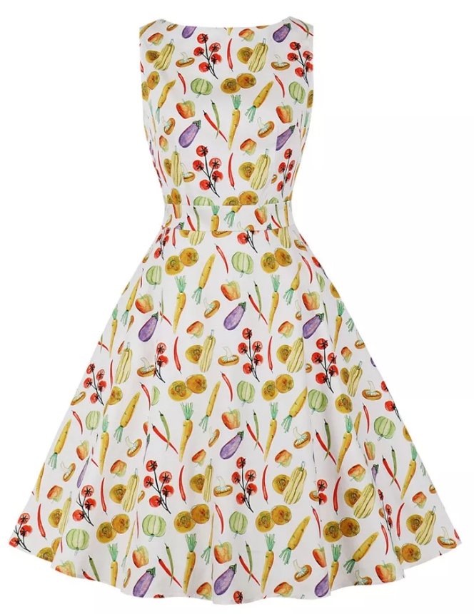 Vestido Vintage Crema Floral Cuello Redondo