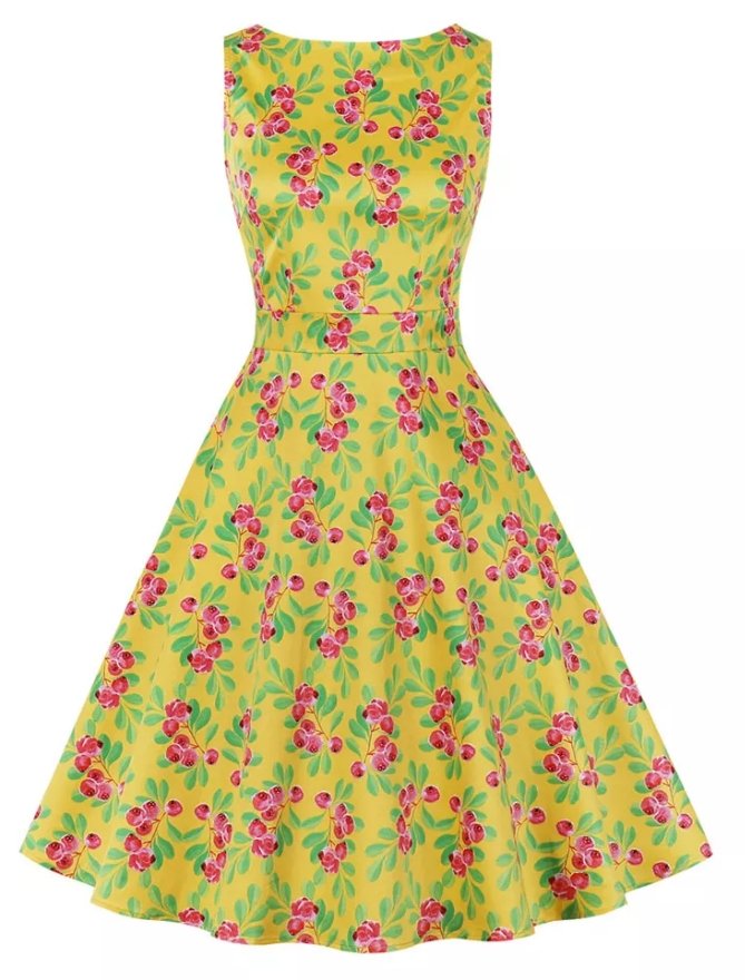Vestido Vintage Cuello Redondo Floral Amarillo