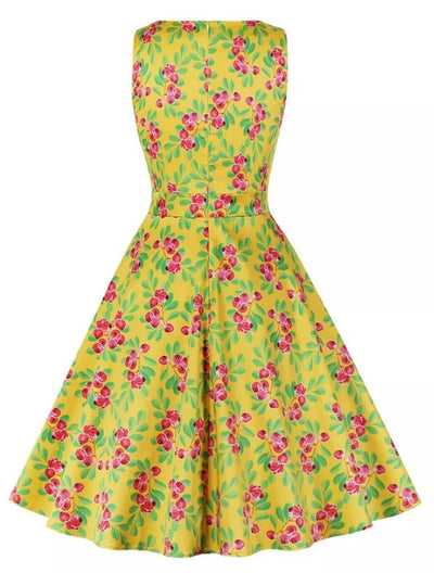 Vestido Vintage Cuello Redondo Floral Amarillo