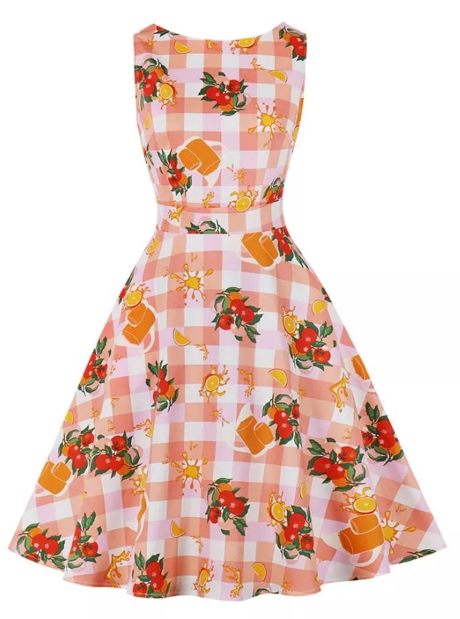 Vestido Vintage Con Cuello Redondo Floral Rosa