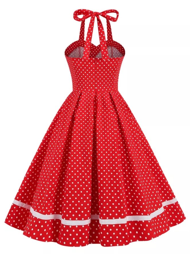 Vestido Vintage Cuello Redondo Lunares Rojos