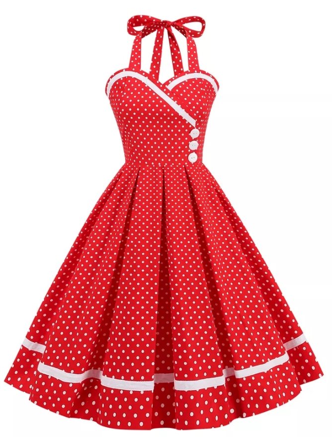 Vestido Vintage Cuello Redondo Lunares Rojos
