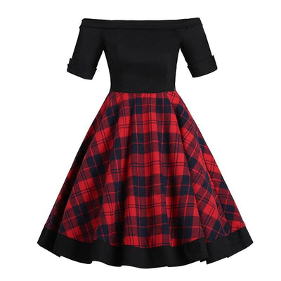 Vestido Vintage De Hombros Descubiertos De Tartán