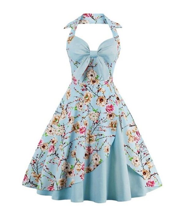 Vestido Vintage Talla Grande Beige Flores Azules