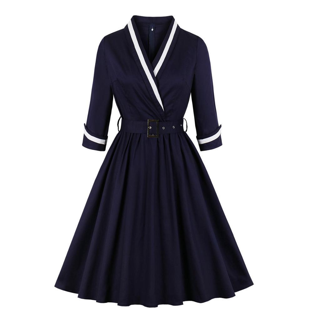 Vestido Vintage Con Cuello En V De Talla Grande Azul Marino