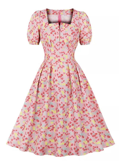 Vestido Vintage Rosa De Cintura Alta Y Talla Grande