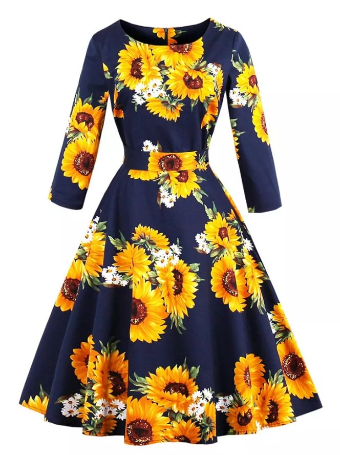 Vestido Vintage Azul De Manga Larga Talla Grande