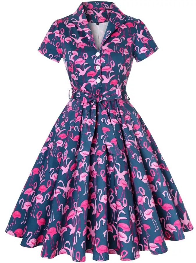 Vestido Vintage De Pájaros Azul Marino Talla Grande