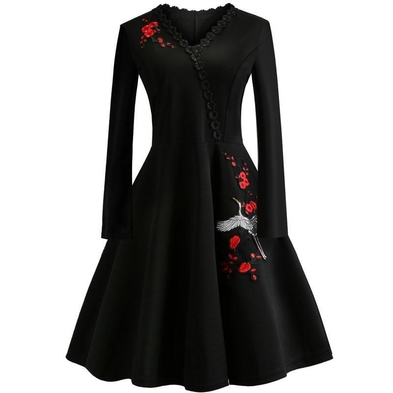 Vestido Vintage Talla Grande Flores Bordadas Negro