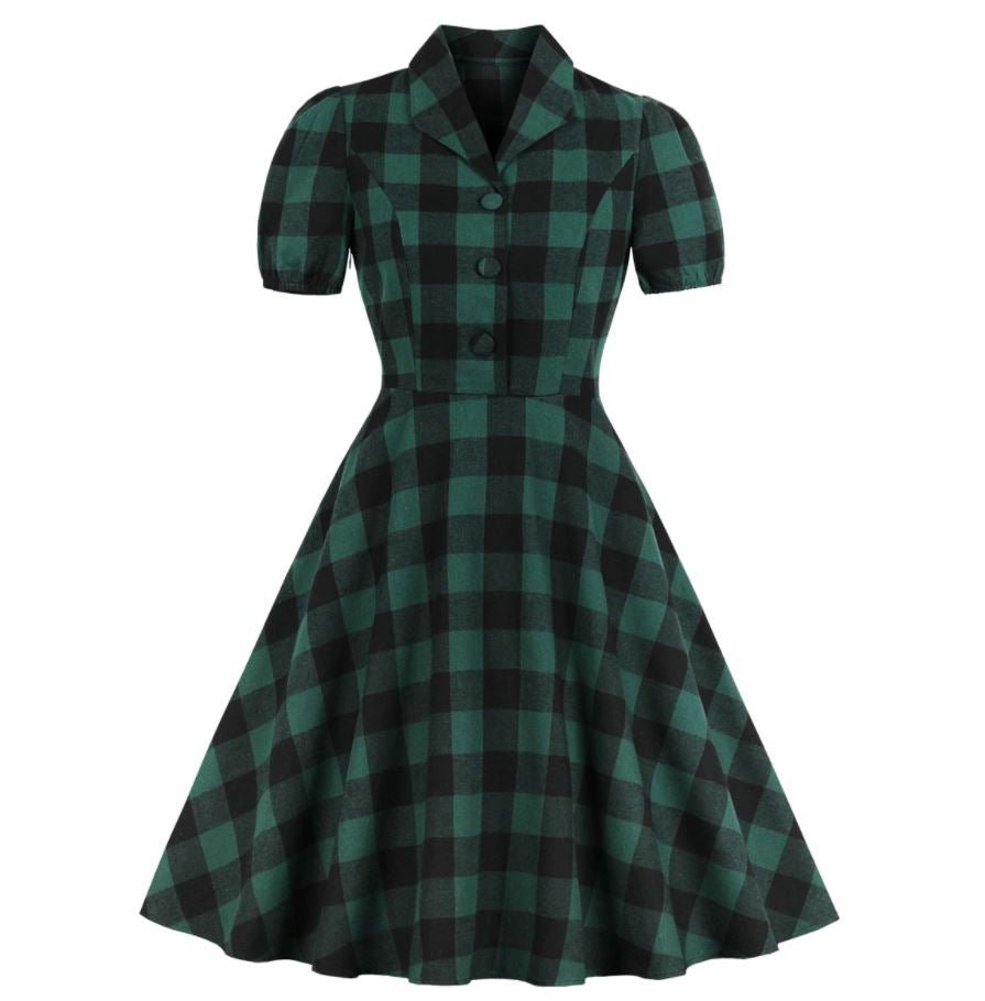 Vestido Vintage Verde A Cuadros Talla Grande