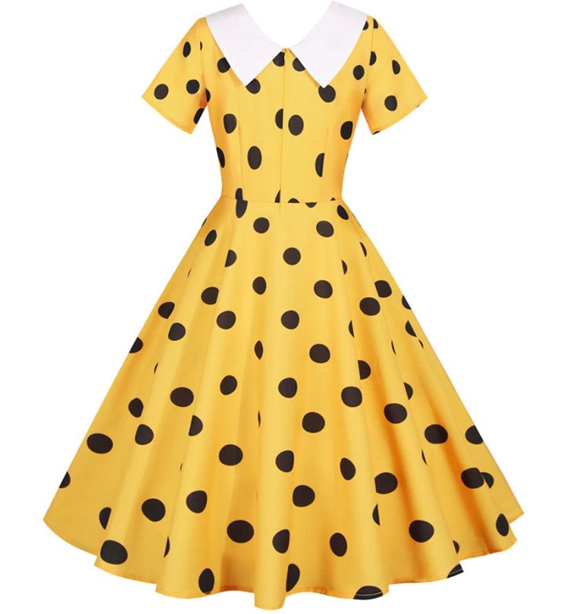 Vestido Vintage Amarillo Con Lunares Negros