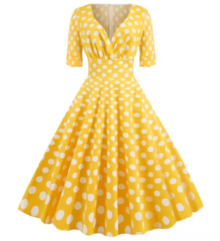 Vestido Vintage Amarillo Algodón Lunares