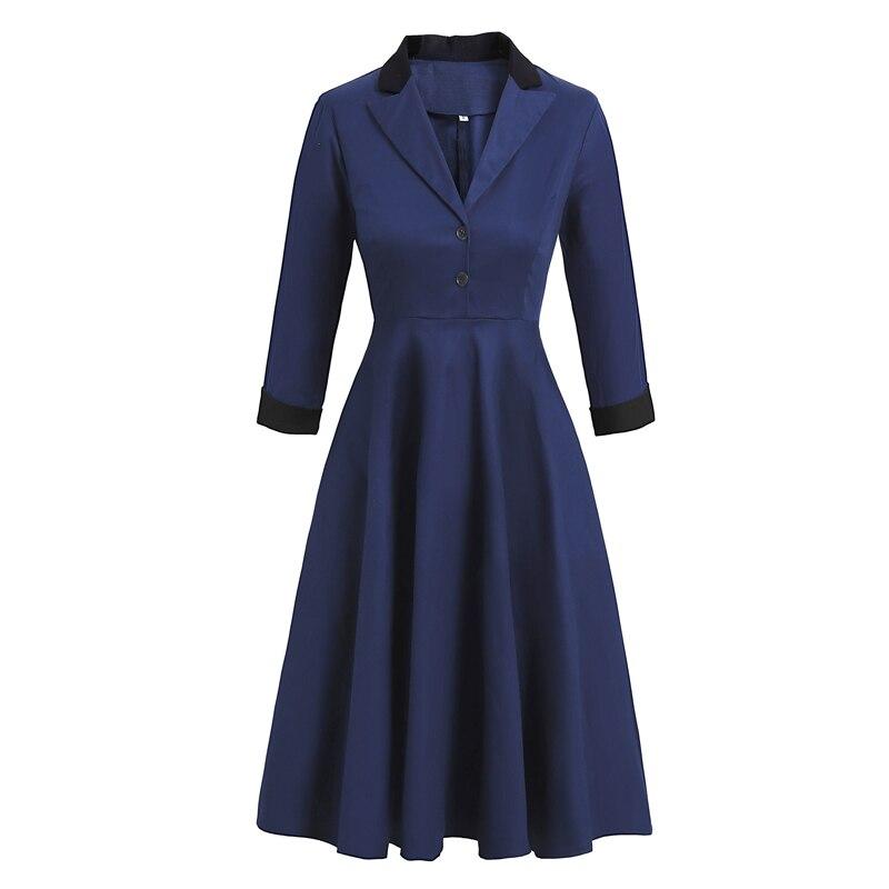 Vestido Vintage De Manga Larga Azul Marino