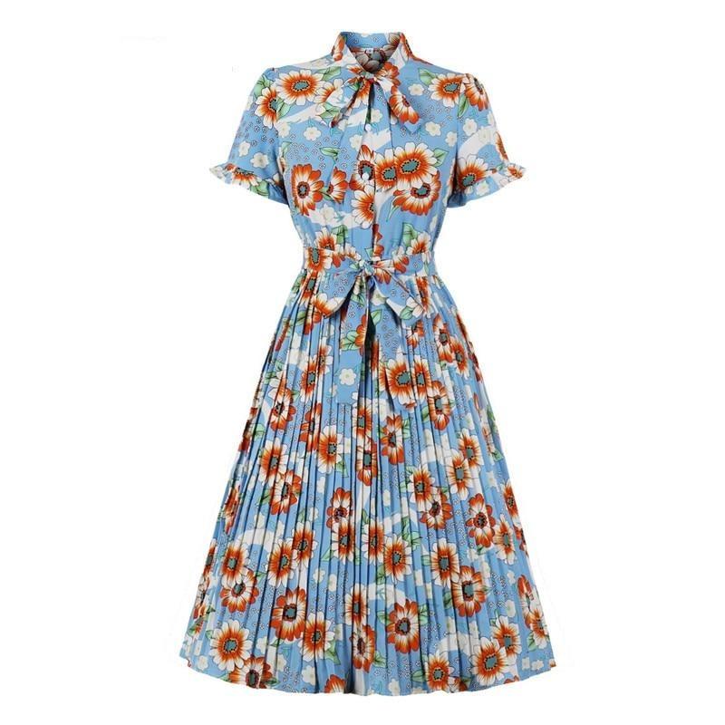 Vestido Vintage Plisado Cielo