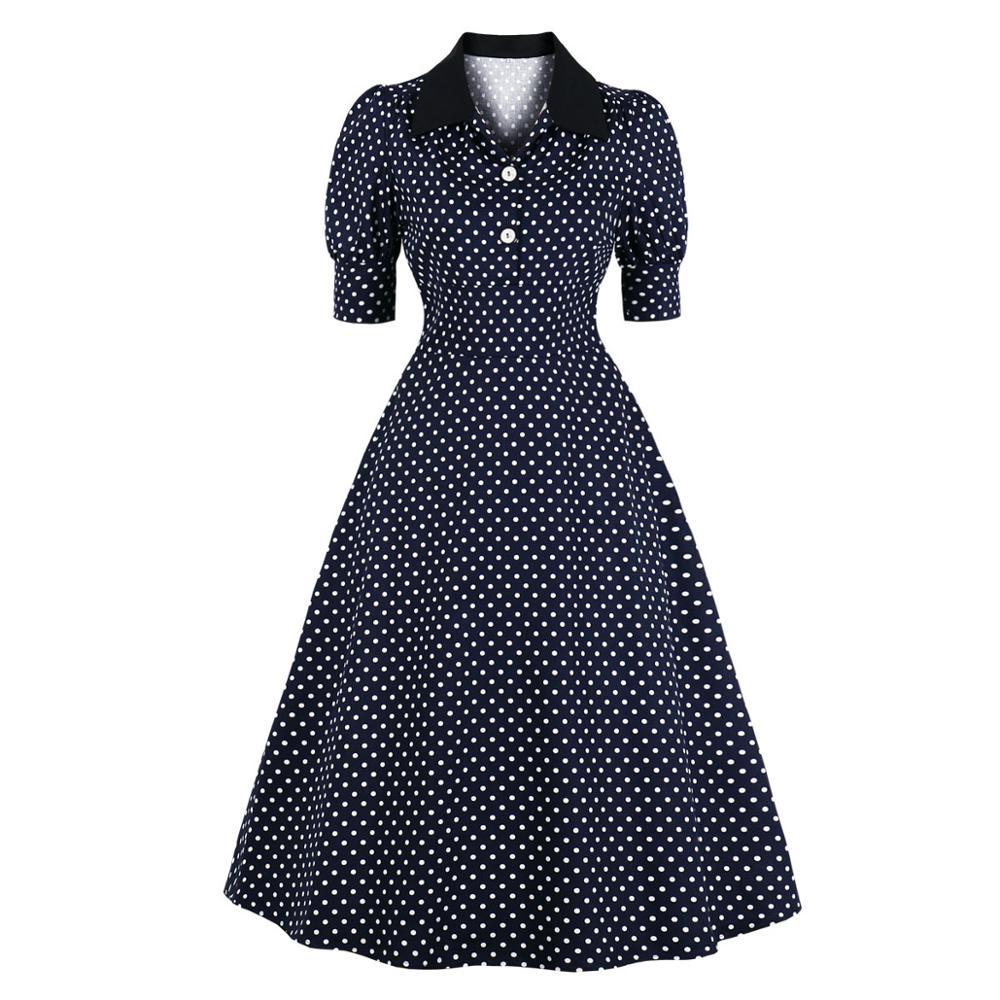 Vestido Vintage A Lunares Azul Marino