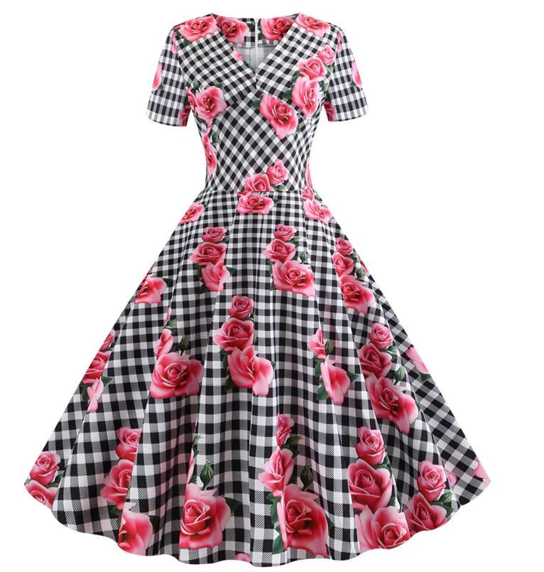 Vestido Vintage Romántico A Cuadros Negro