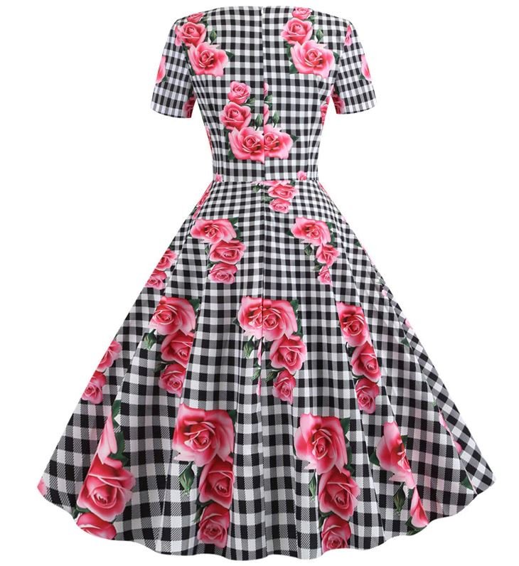 Vestido Vintage Romántico A Cuadros Negro