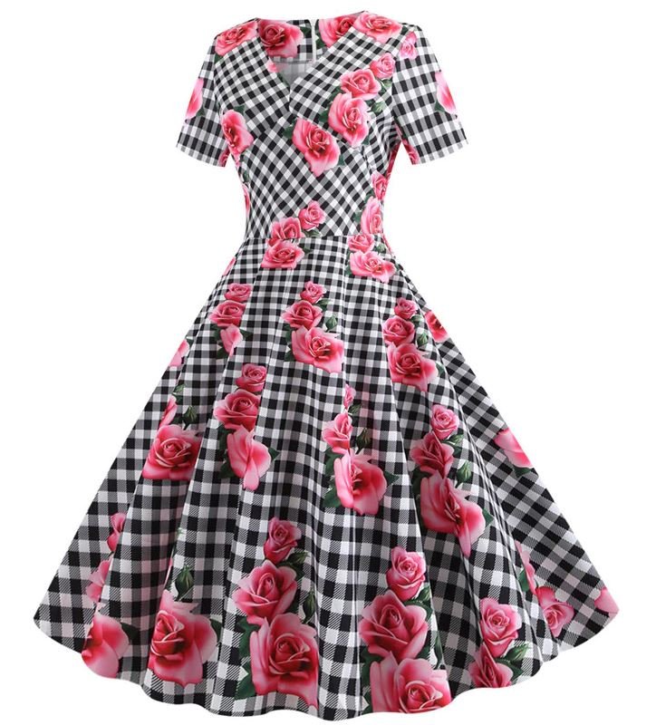 Vestido Vintage Romántico A Cuadros Negro