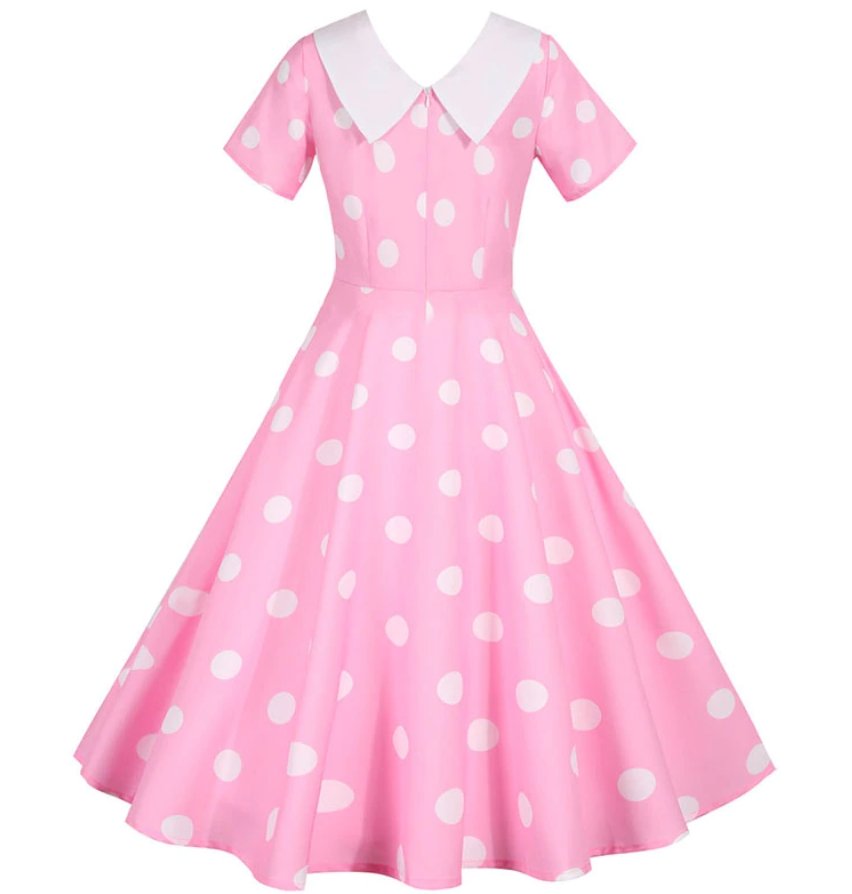 Vestido Vintage Rosa Con Lunares Blancos
