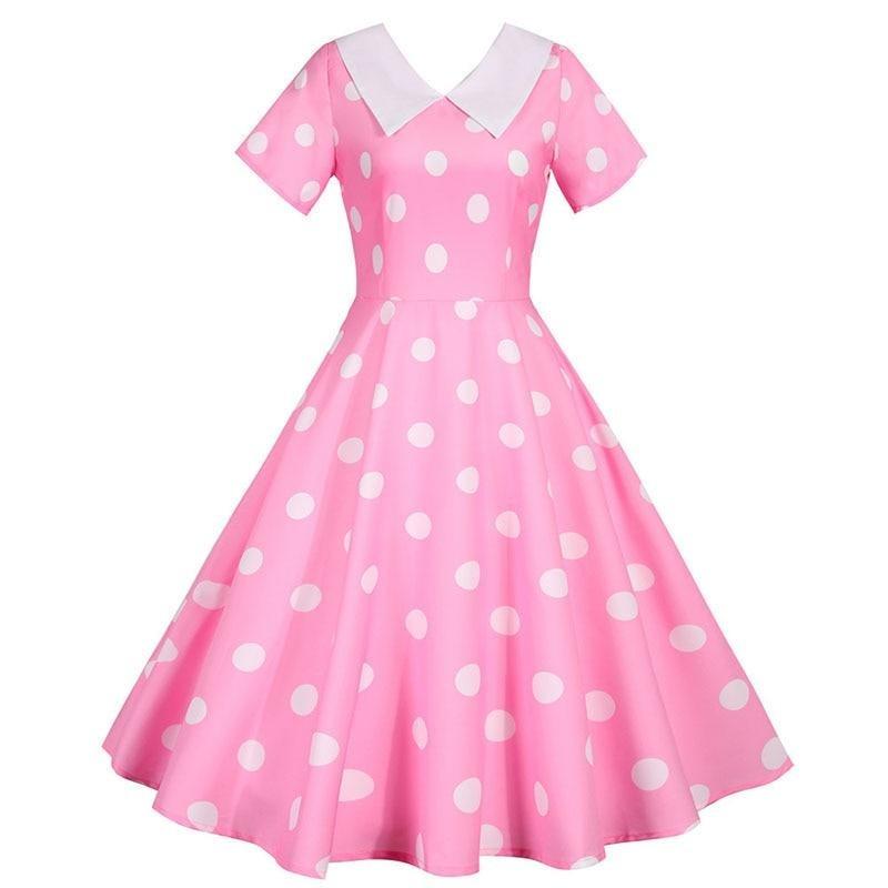 Vestido Vintage Rosa Con Lunares Blancos