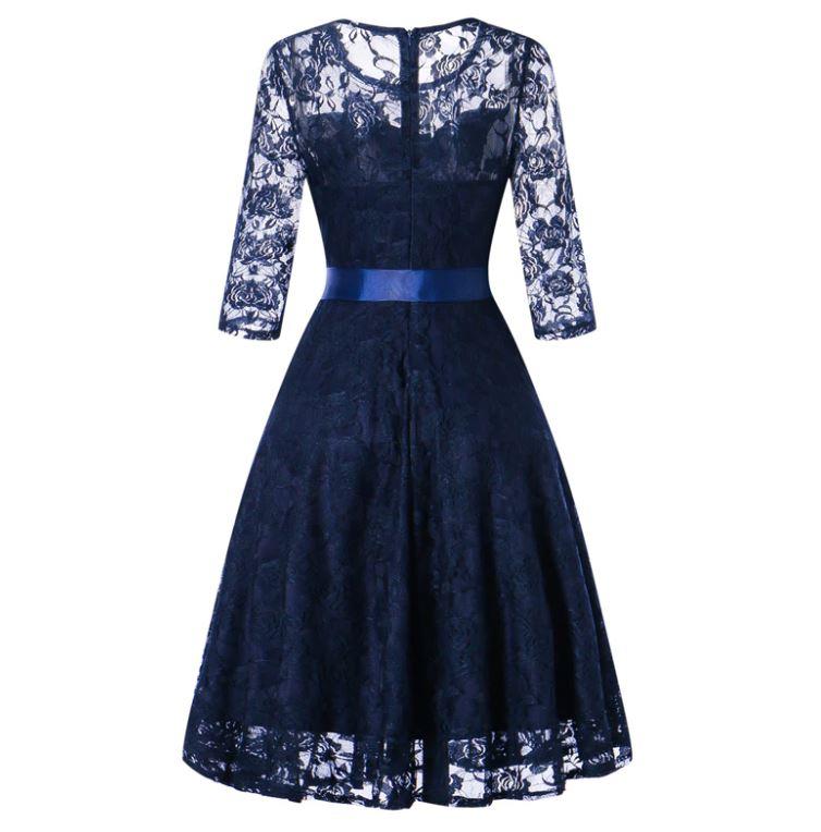Vestido De Noche De Manga Larga Azul Vintage