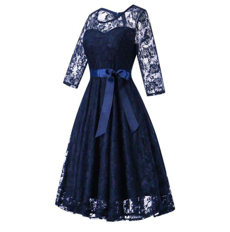 Vestido De Noche De Manga Larga Azul Vintage