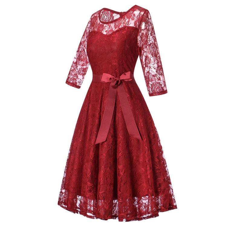 Vestido De Noche De Manga Larga Rojo Vintage