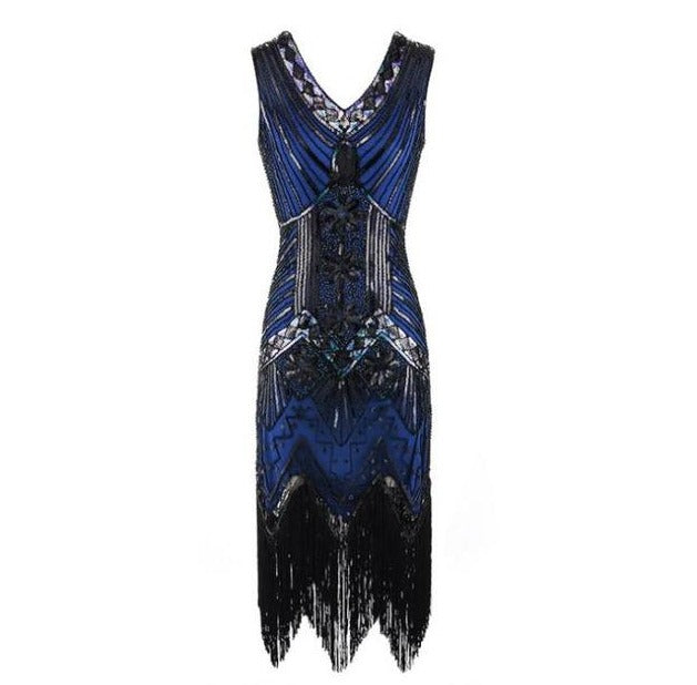 Vestido Vintage 1920s Azul Negro