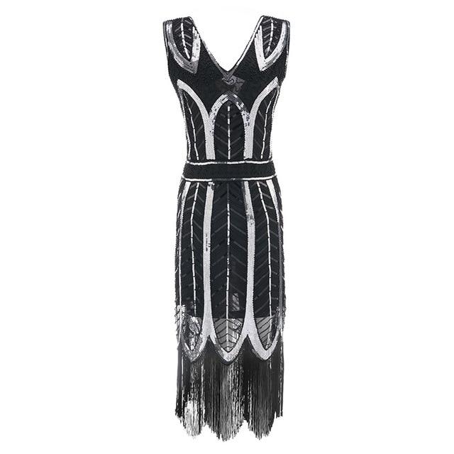 Vestido Vintage 1920s Gatsby Negro Plata